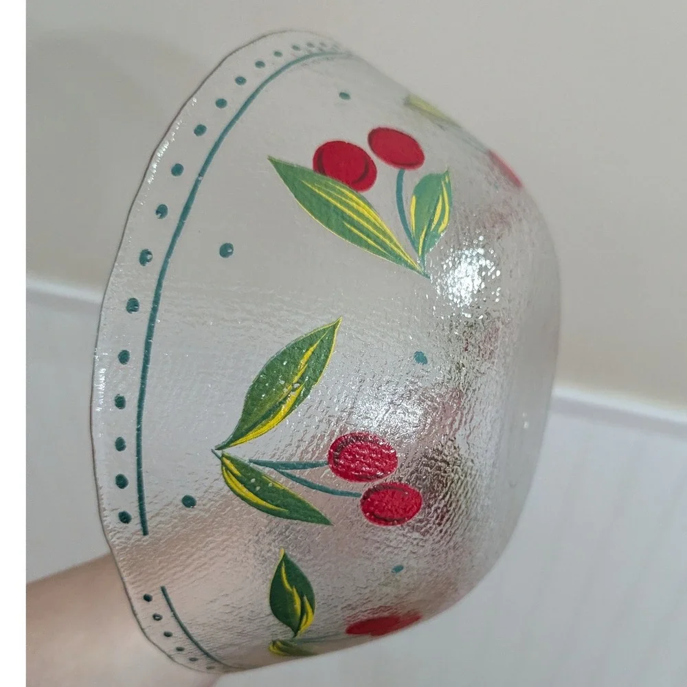 Arcoroc Serving Bowl Textured Glass Hand Painted Cherry Motif 10.5